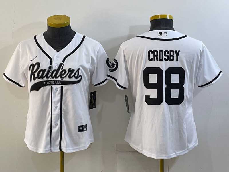 Womens Las Vegas Raiders #98 Maxx Crosby White With Patch Cool Base Stitched Baseball Jersey->women nfl jersey->Women Jersey